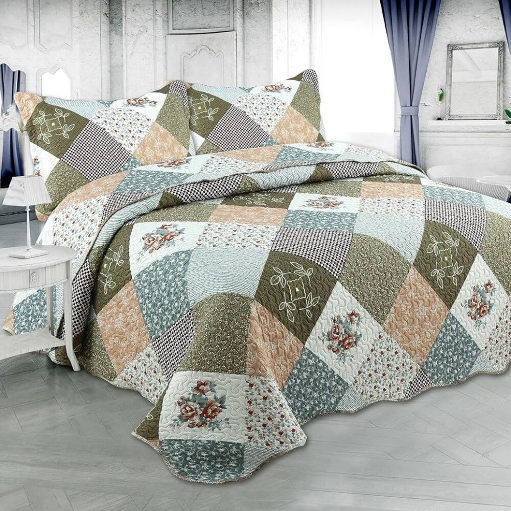 Printed Embossed Pinsonic Coverlet Bedspread Super Soft 3 Piece Summer Quilt Set